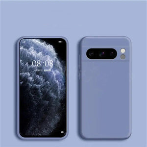 Liquid Silicone Case for Pixel with lavender gray case on a light blue background