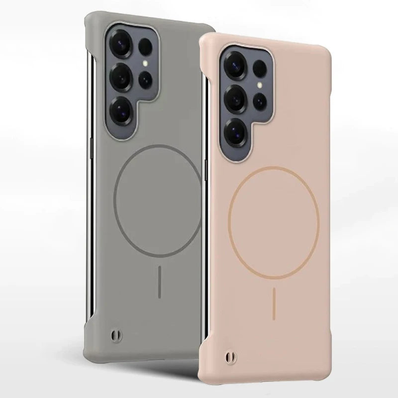 Two Magnetic matte Samsung Galaxy case compatible with wireless charging, one gray and one beige, on a white background