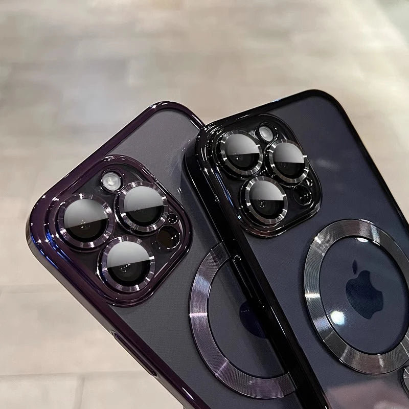 Luxury magnetic plating clear MagSafe case for iPhone 11–17 Pro Max Shockproof, lightweight, wireless charging ready.
