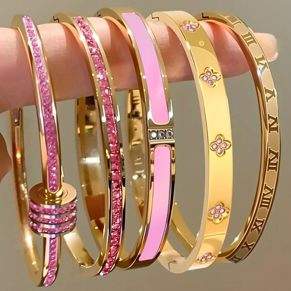 Sparkling zirconia stainless steel stackable bangle bracelet set for women