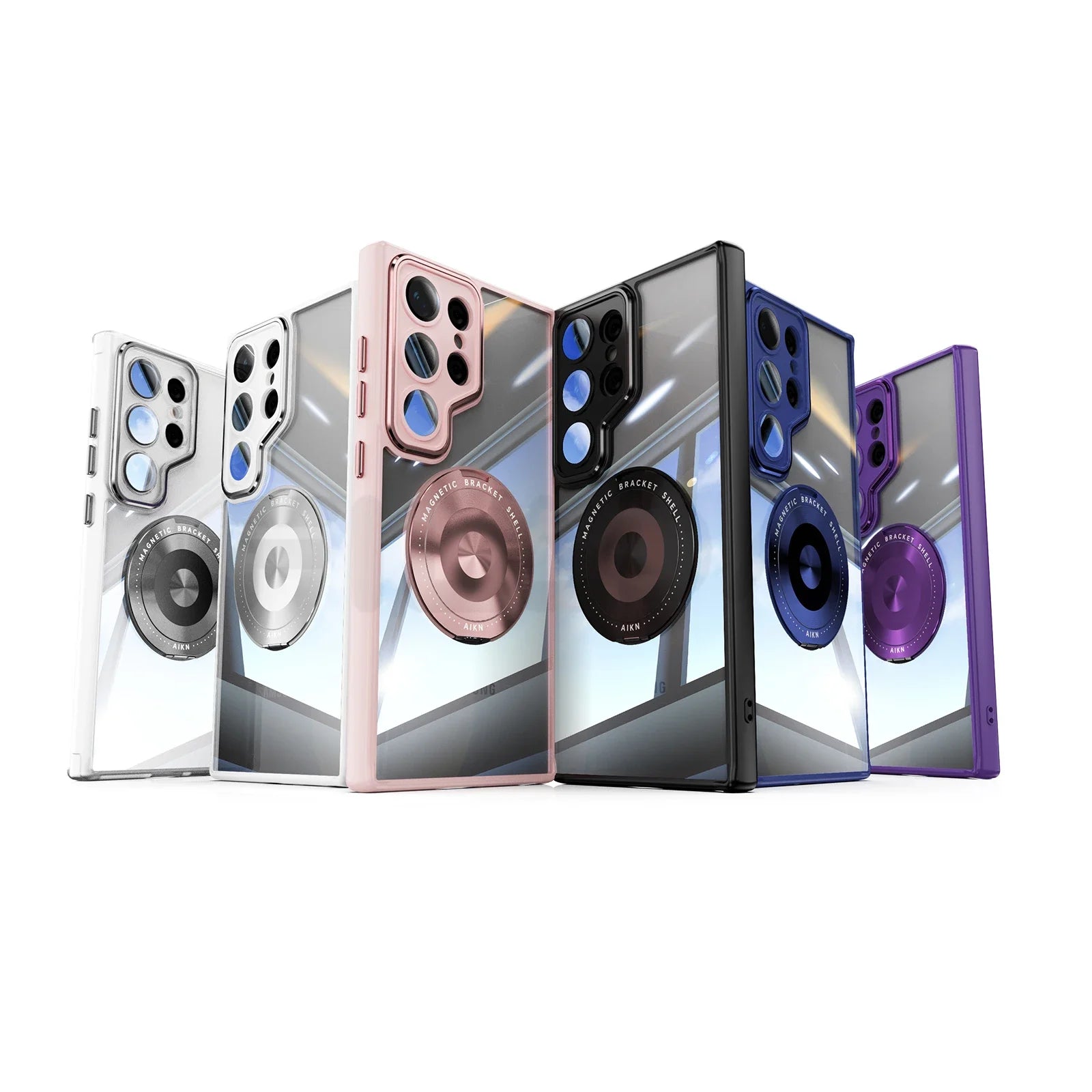 Transparent frosted magnetic Samsung Galaxy case with rotating ring stand and full shockproof coverage