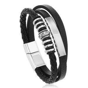 Mens braided leather bracelet with stainless steel clasp multilayer rope wristband