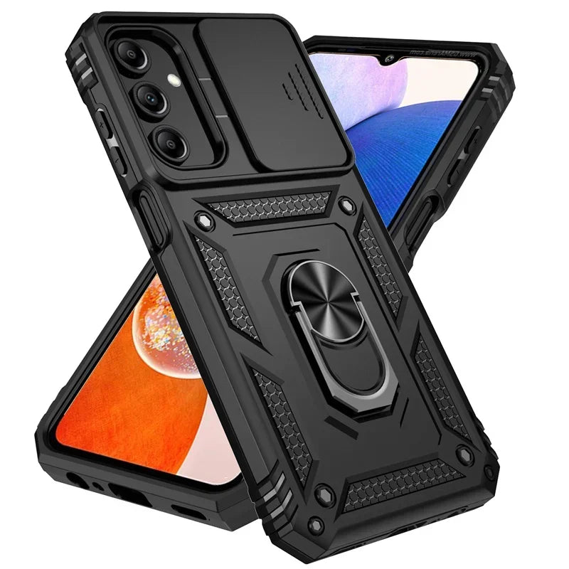 Black Military Armor Samsung Galaxy Case with Slide Camera Lens and Holder Ring