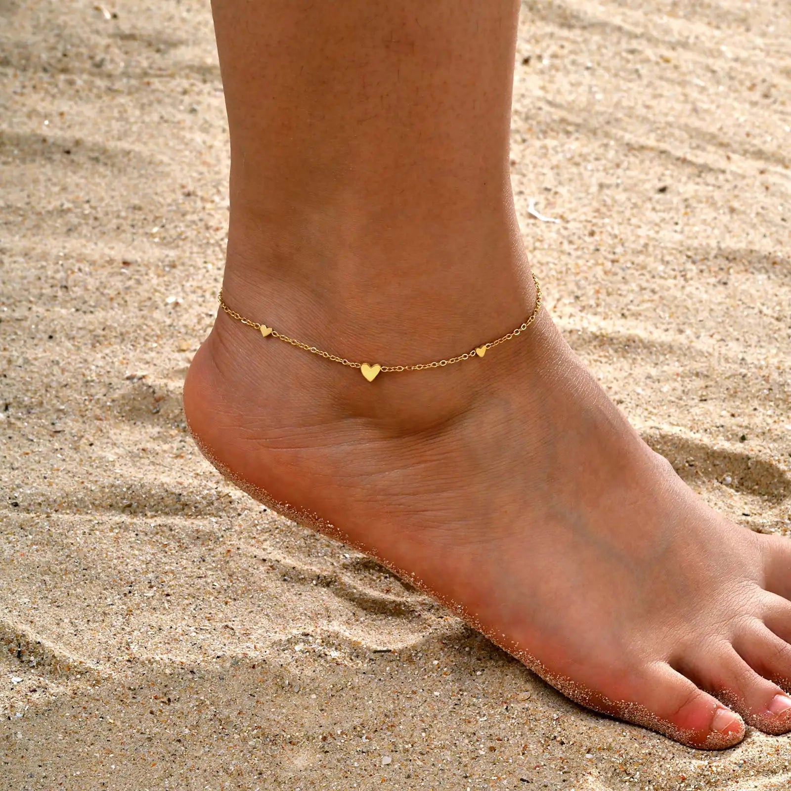 Gold plated stainless steel heart anklet bracelet for women delicate adjustable foot jewelry