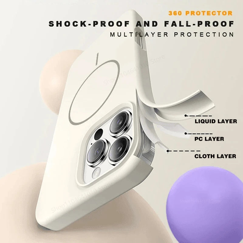 Phone case with shock-proof and fall-proof multilayer protection features on a light gray background.