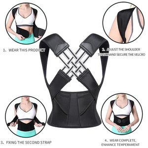 Black Adjustable back support strap for shoulder alignment and daily posture comfort with usage instructions on a white background