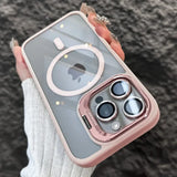 pink Luxury Magnetic Shockproof Phone Case For iPhone 15 14 13 12 11 16 17 Pro Max Plus 16E Stand Glass Lens Protection Cover