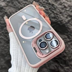 pink Luxury Magnetic Shockproof Phone Case For iPhone 15 14 13 12 11 16 17 Pro Max Plus 16E Stand Glass Lens Protection Cover