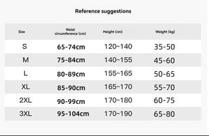 Size reference chart for waist circumference, height, and weight.