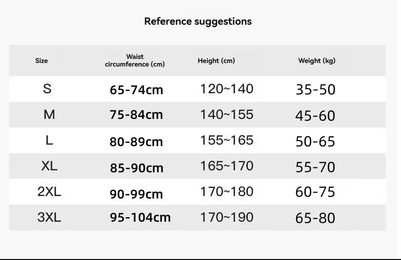 Size reference chart for waist circumference, height, and weight.