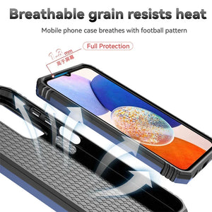 Phone case with football pattern and text about breathability and heat resistance on a white background