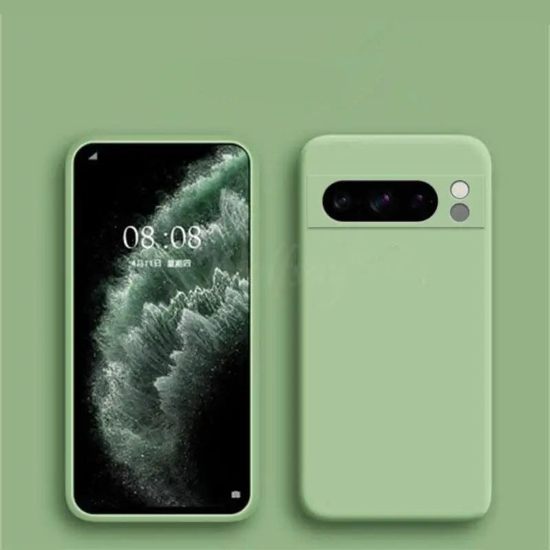 Green Liquid Silicone Case for Pixel and case on a green background