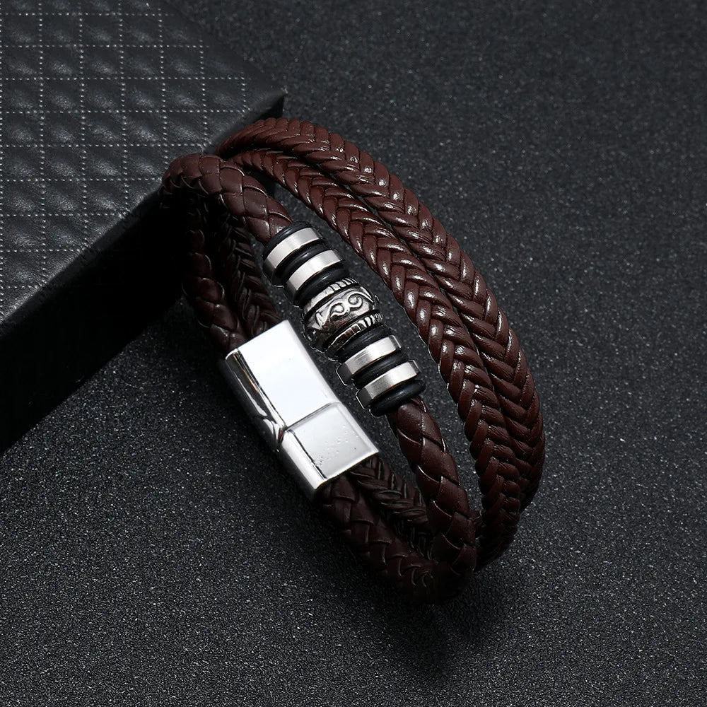 Mens braided leather bracelet with stainless steel clasp multilayer rope wristband