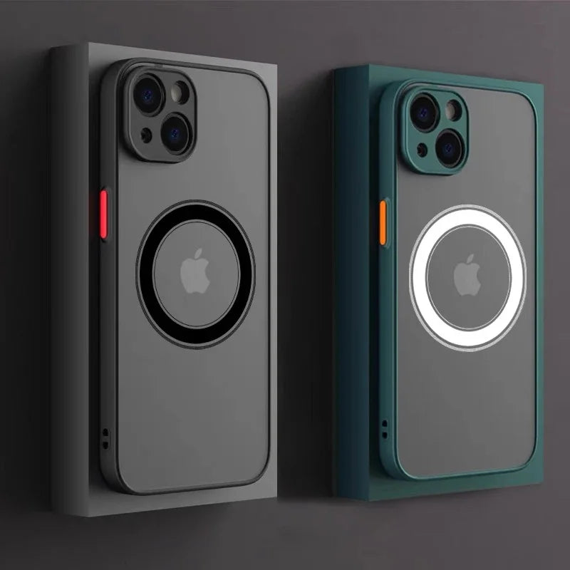 Two Matte armor magnetic iPhone case compatible with MagSafe on a dark background