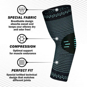 Elastic compression elbow sleeve for sports training and active daily movement with features highlighted on a light gray background