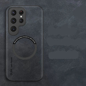 Black leather phone case with 'Luxury Leather' text on a dark gray background