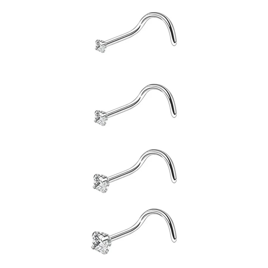 4pcs Cubic Zirconia Nose Studs 20G L-Shaped Shiny Nostril Jewelry