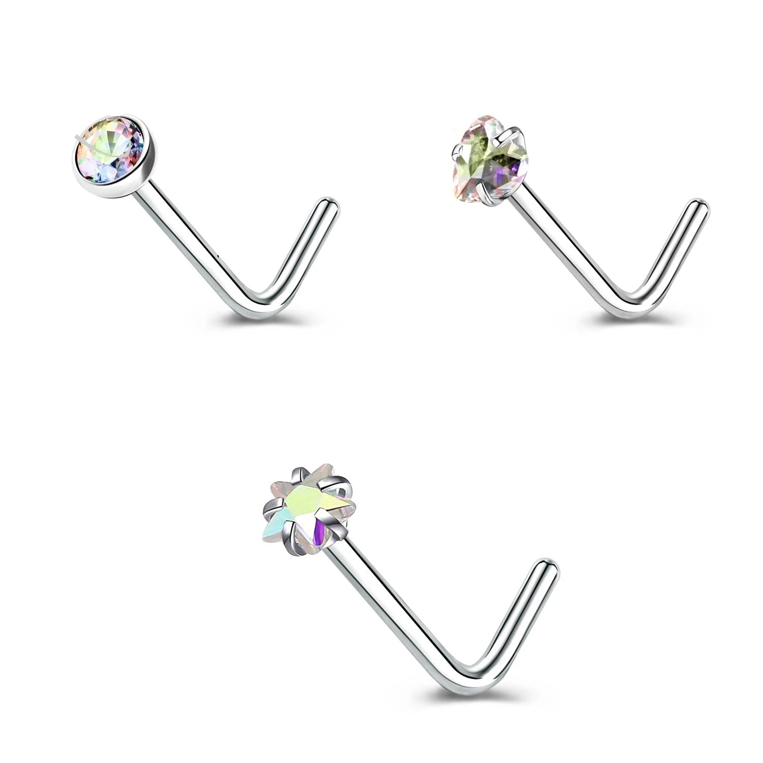 Gold & Silver Nose Stud Set – Heart Star Round L Shape Nostril Piercing 0.8x7mm