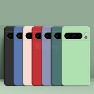Row of colorful Liquid Silicone Cases for Pixel on a green background with text 'Better Than Original Liquid Silicone'.