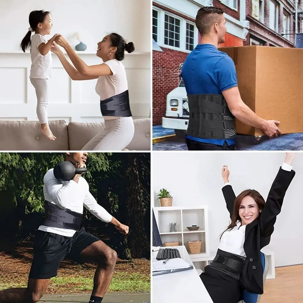 Collage of people wearing a back support belt in various activities.