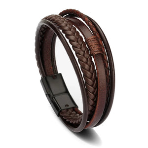 Mens braided leather bracelet with stainless steel clasp multilayer rope wristband