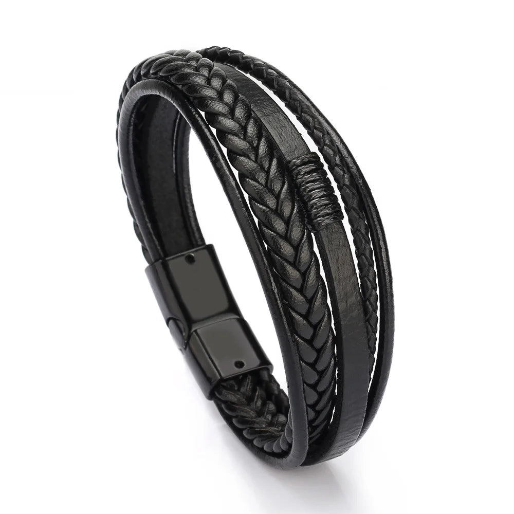 Mens braided leather bracelet with stainless steel clasp multilayer rope wristband