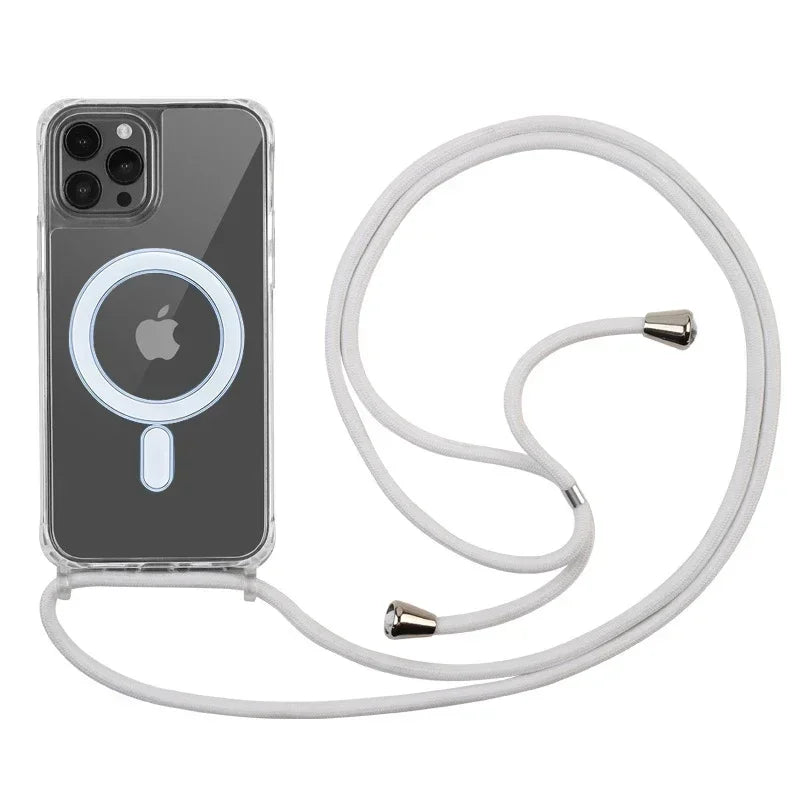 Crossbody Magnetic Clear iPhone Case with Lanyard Hard PC Back Cover and magnetic charging feature on a white background
