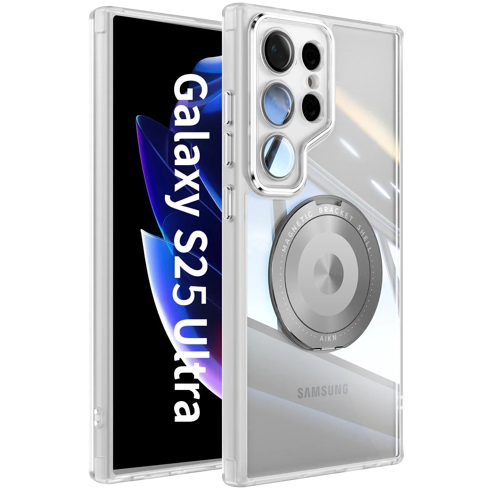 Transparent frosted magnetic Samsung Galaxy case with rotating ring stand and full shockproof coverage