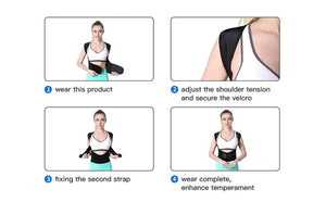 Instructions on how to wear and adjust a back support brace.