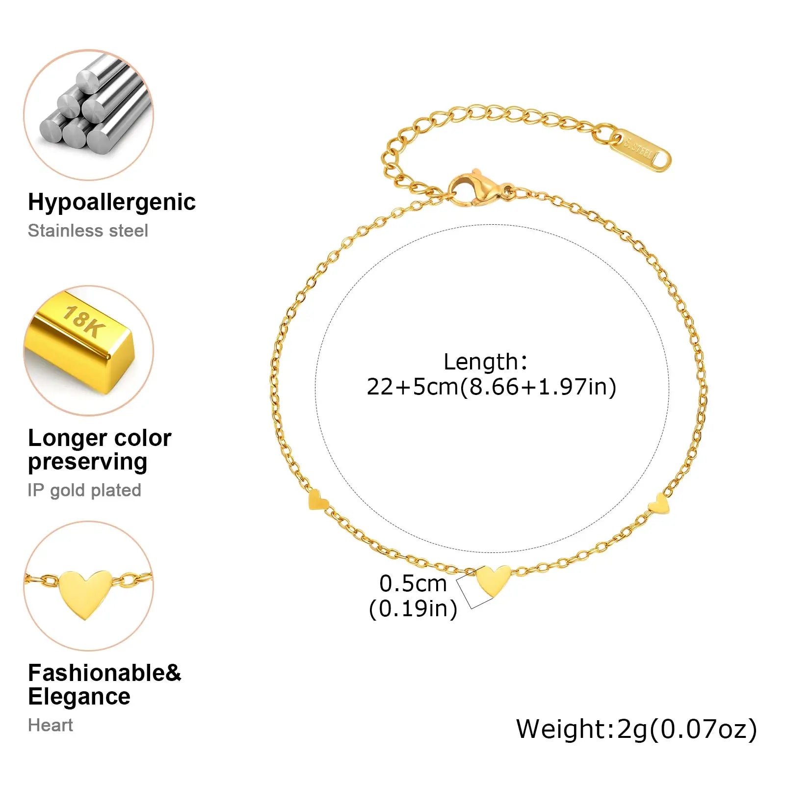 Gold plated stainless steel heart anklet bracelet for women delicate adjustable foot jewelry