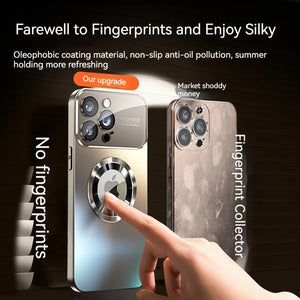 Phone case with fingerprint collector feature and text highlighting benefits