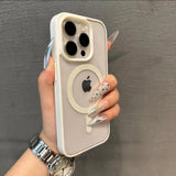 Hand holding a Clear magnetic iPhone case compatible with MagSafe wireless charging against a gray background