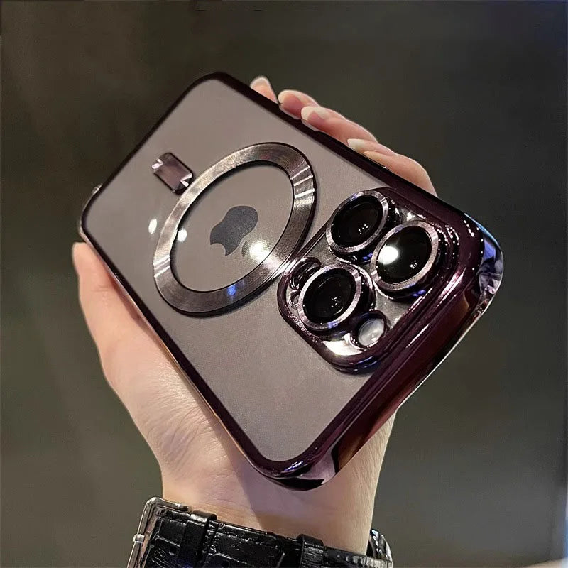 Luxury magnetic plating clear MagSafe case for iPhone 11–17 Pro Max Shockproof, lightweight, wireless charging ready.