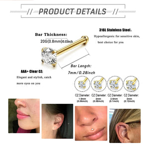 4pcs Cubic Zirconia Nose Studs 20G L-Shaped Shiny Nostril Jewelry