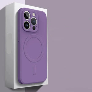 Purple Magsafe magnetic phone case on a white box with text on a gray background