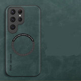 Forest green phone case with 'Luxury Leather' text on a matching background