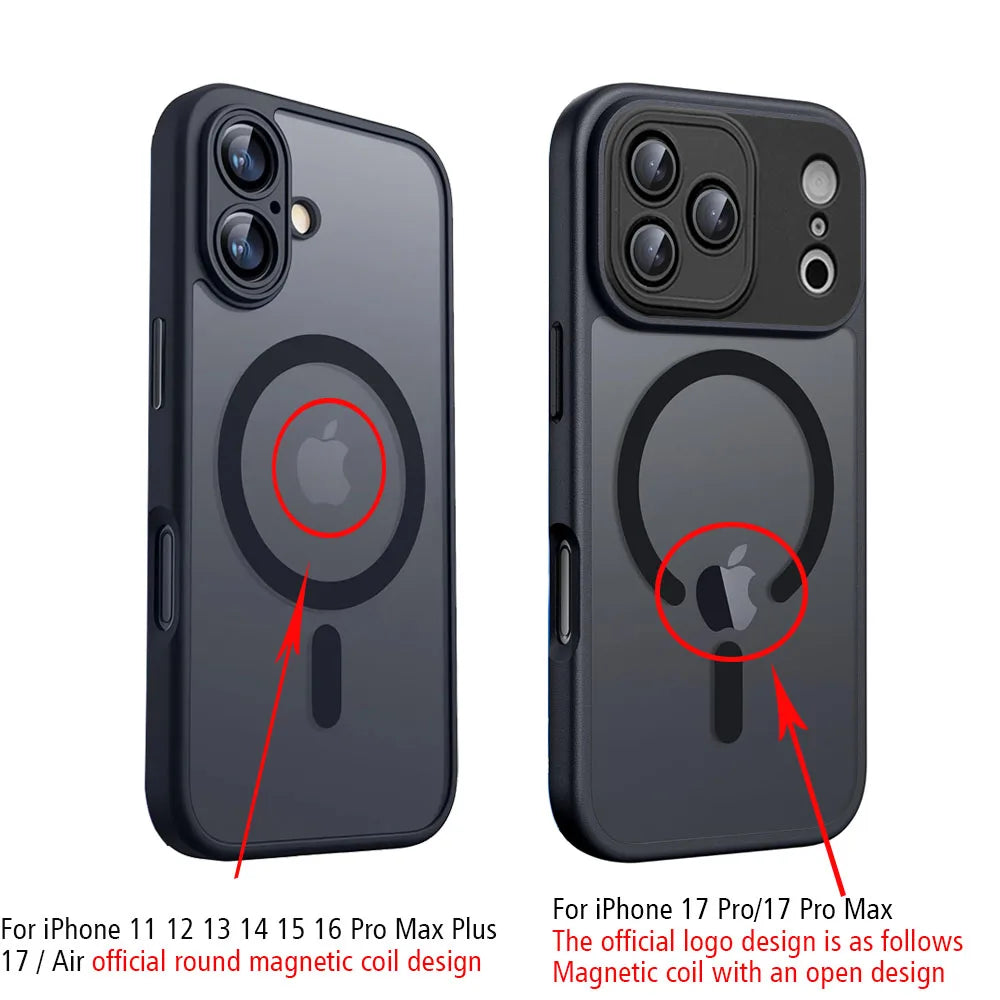 Two views of a phone case with Apple logo and magnetic coil design on a white background