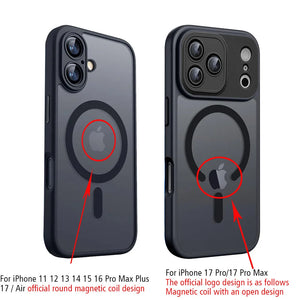 Two views of a phone case with Apple logo and magnetic coil design on a white background