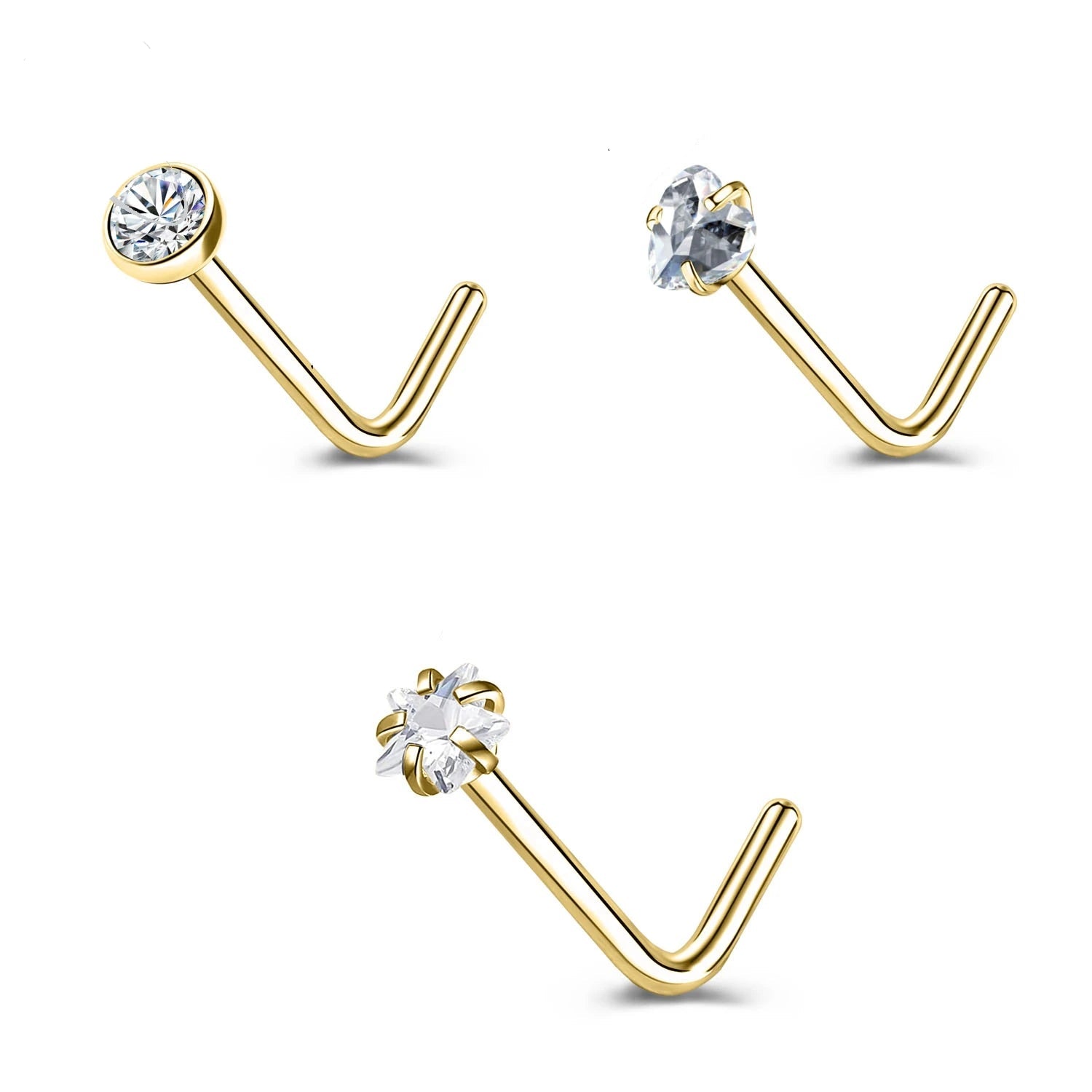 Gold & Silver Nose Stud Set – Heart Star Round L Shape Nostril Piercing 0.8x7mm