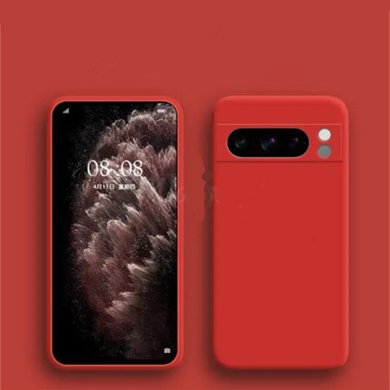 Red smartphone case with phone on a red background