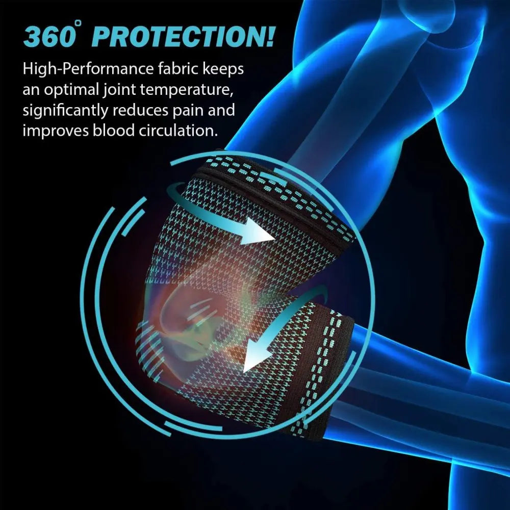 Intricate design of a Elastic compression elbow sleeve for sports training and active daily movement with text highlighting its benefits on a dark background.