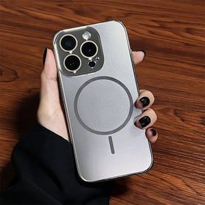 Silver Luxury Nano Frosted Magsafe Case with Lens Glass Protect for iPhone 12-17 Pro Max Magnetic Wireless Charge Cover