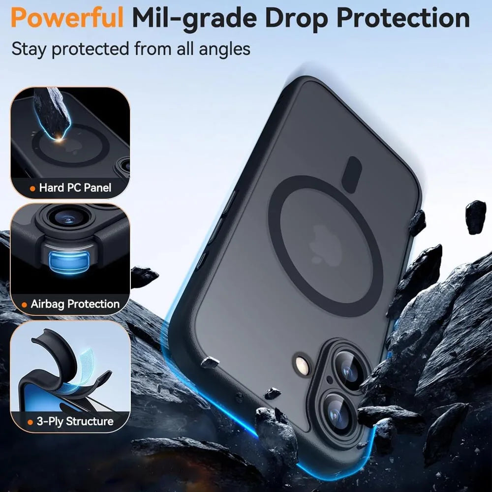 Phone case with drop protection features on a rocky background