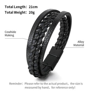 Mens braided leather bracelet with stainless steel clasp multilayer rope wristband