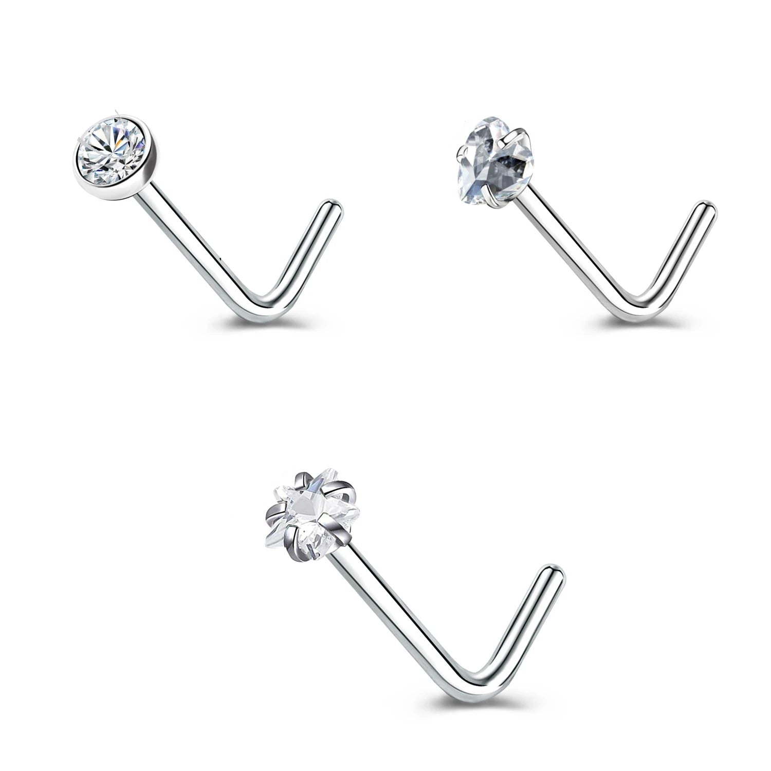 Gold & Silver Nose Stud Set – Heart Star Round L Shape Nostril Piercing 0.8x7mm