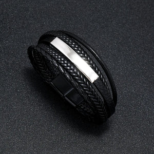 Mens braided leather bracelet with stainless steel clasp multilayer rope wristband