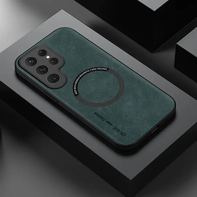 Green phone case with magnetic card holder on a dark surface