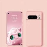Pink Liquid Silicone Case for Pixel with a cute character design on a pink background