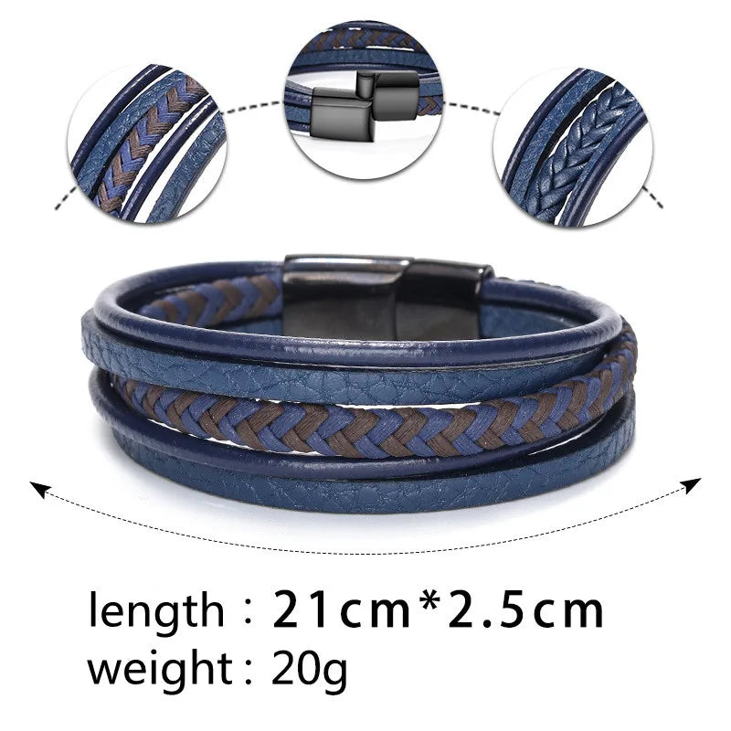 Mens braided leather bracelet with stainless steel clasp multilayer rope wristband
