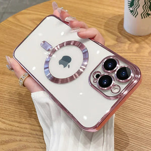 Phone case with rose gold Luxury Plating Magnetic MagSafe Transparent iPhone Case with Lens Protector
